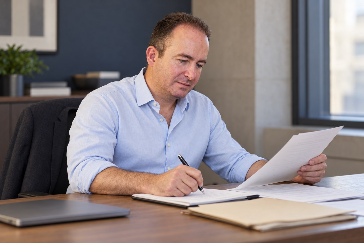 Illustrative image of Pat Mazza comparing documents and taking notes